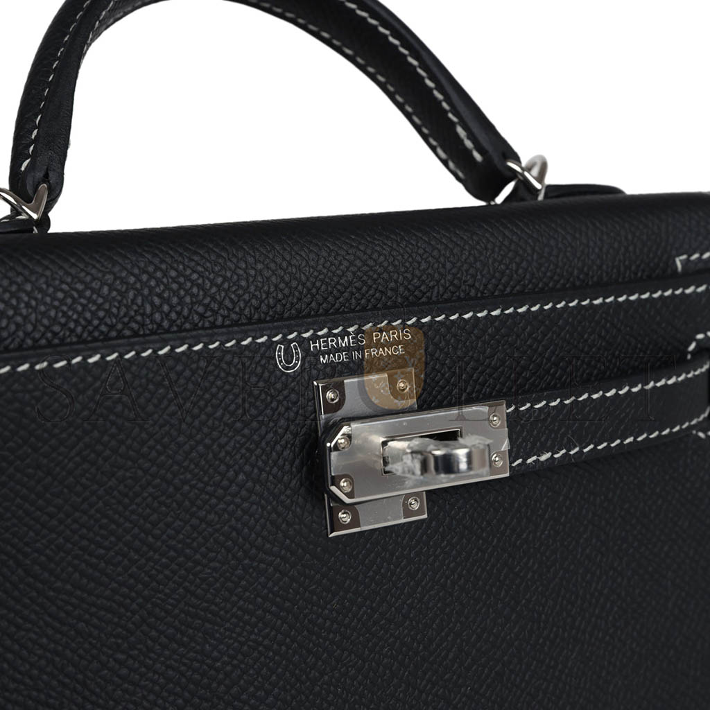 HERMÈS MINI KELLY II BLACK VERSO EPSOM PALLADIUM HARDWARE (19*12*5.5cm)